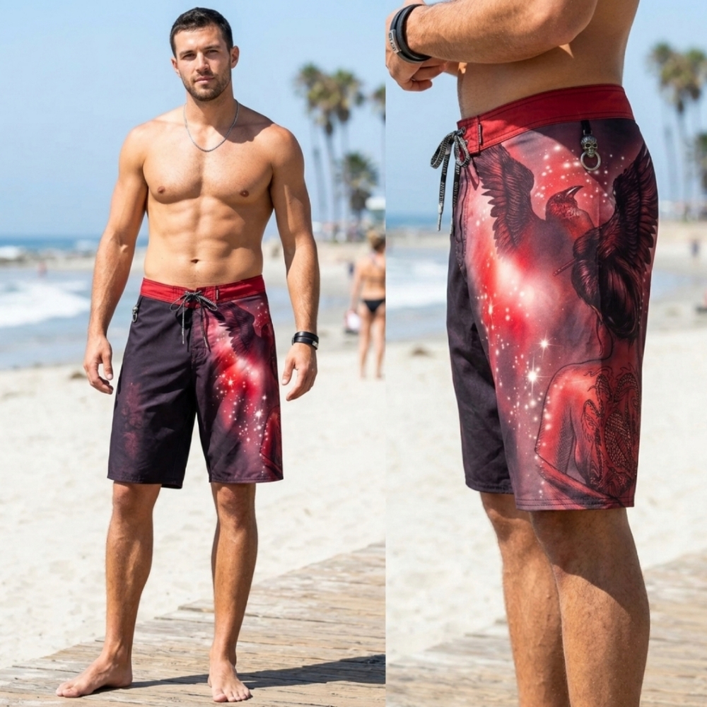 Affliction Board Shorts Men’s 42 Red Black Crow Dragon Graphic Swim Trunks